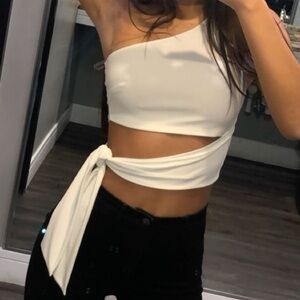 Blue Blush white one shoulder tie crop top